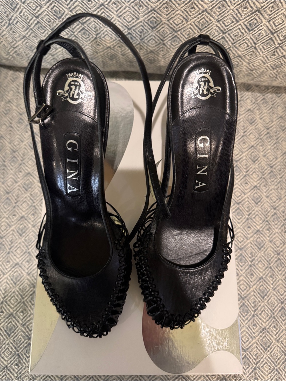 Gina Black Leather Slingback Heels with Braided Toe